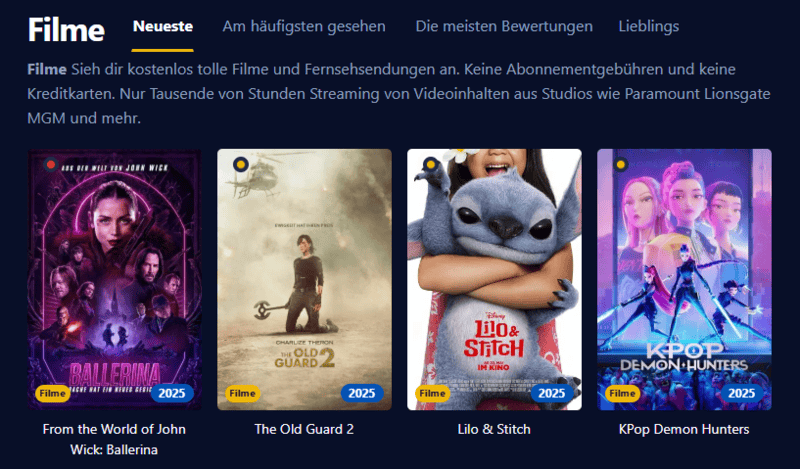 Screenshot der Filmpalast-Oberfläche mit verschiedenen Filmtiteln und Serienepisoden